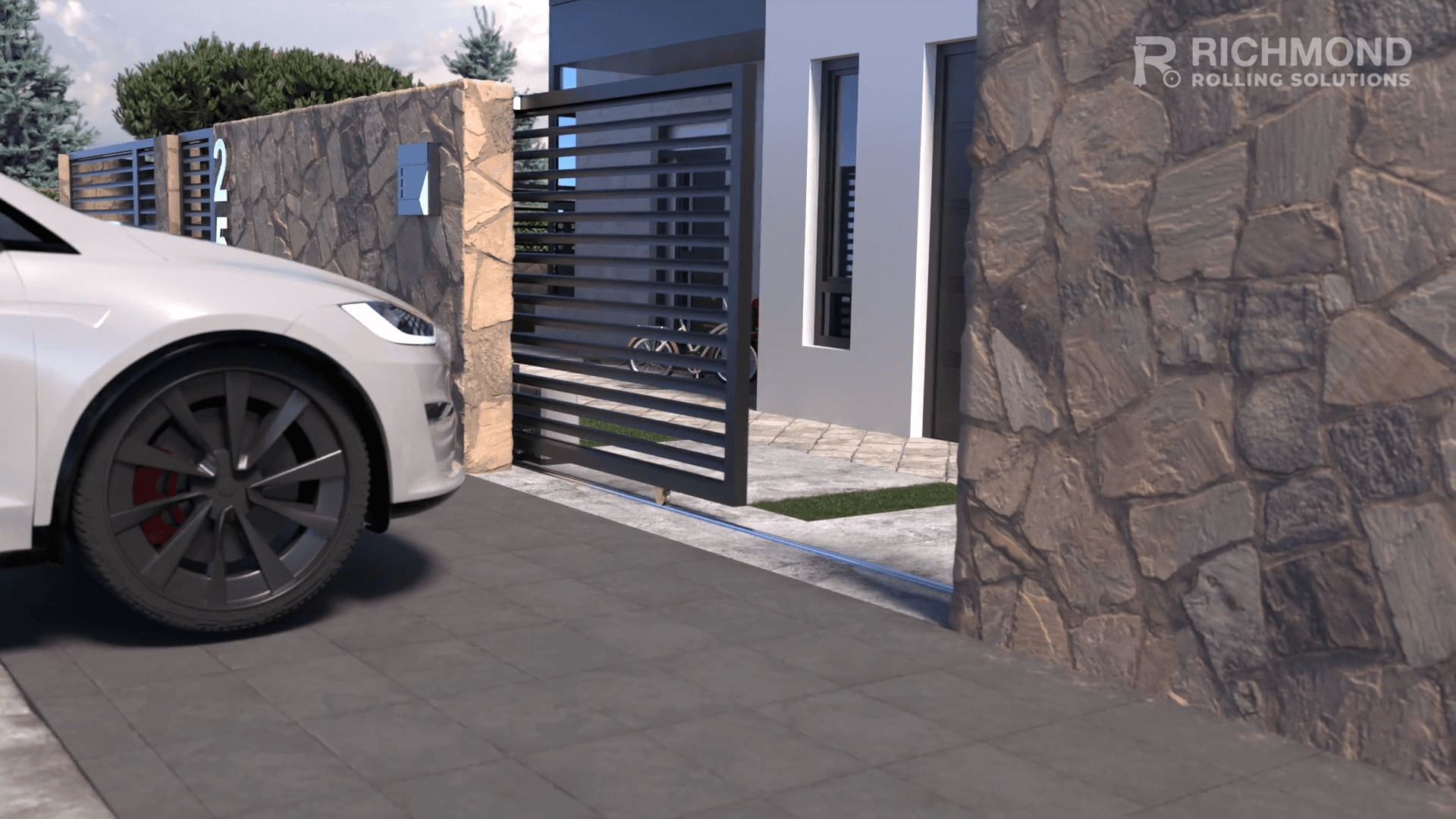 Frame from a 3D animation Shootsta produced for Richmond Rolling Solutions, showing a car arriving at an automated gate