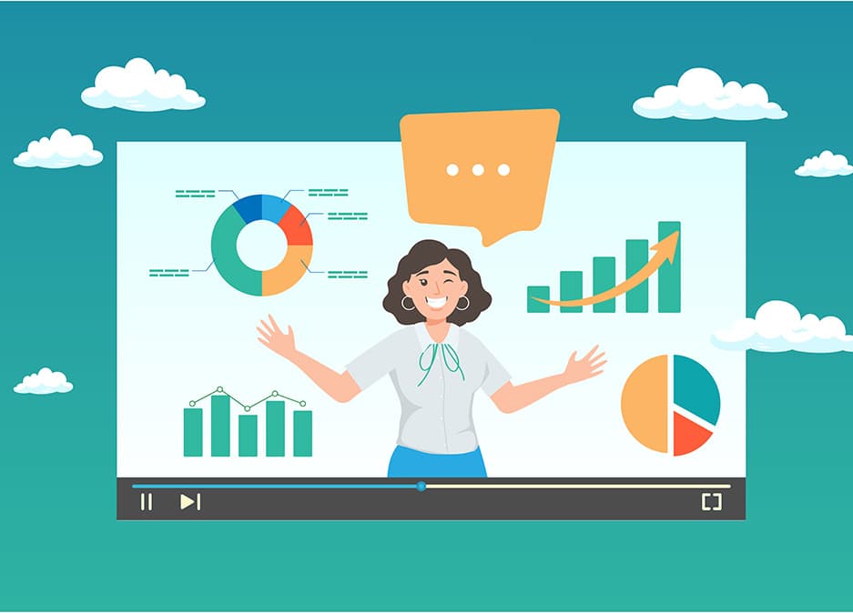 Animated explainer video frame showing a presenter with data charts, graphs, and infographics