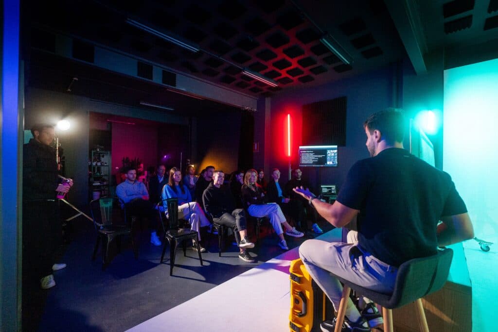 Corporate team event with professional video presentation