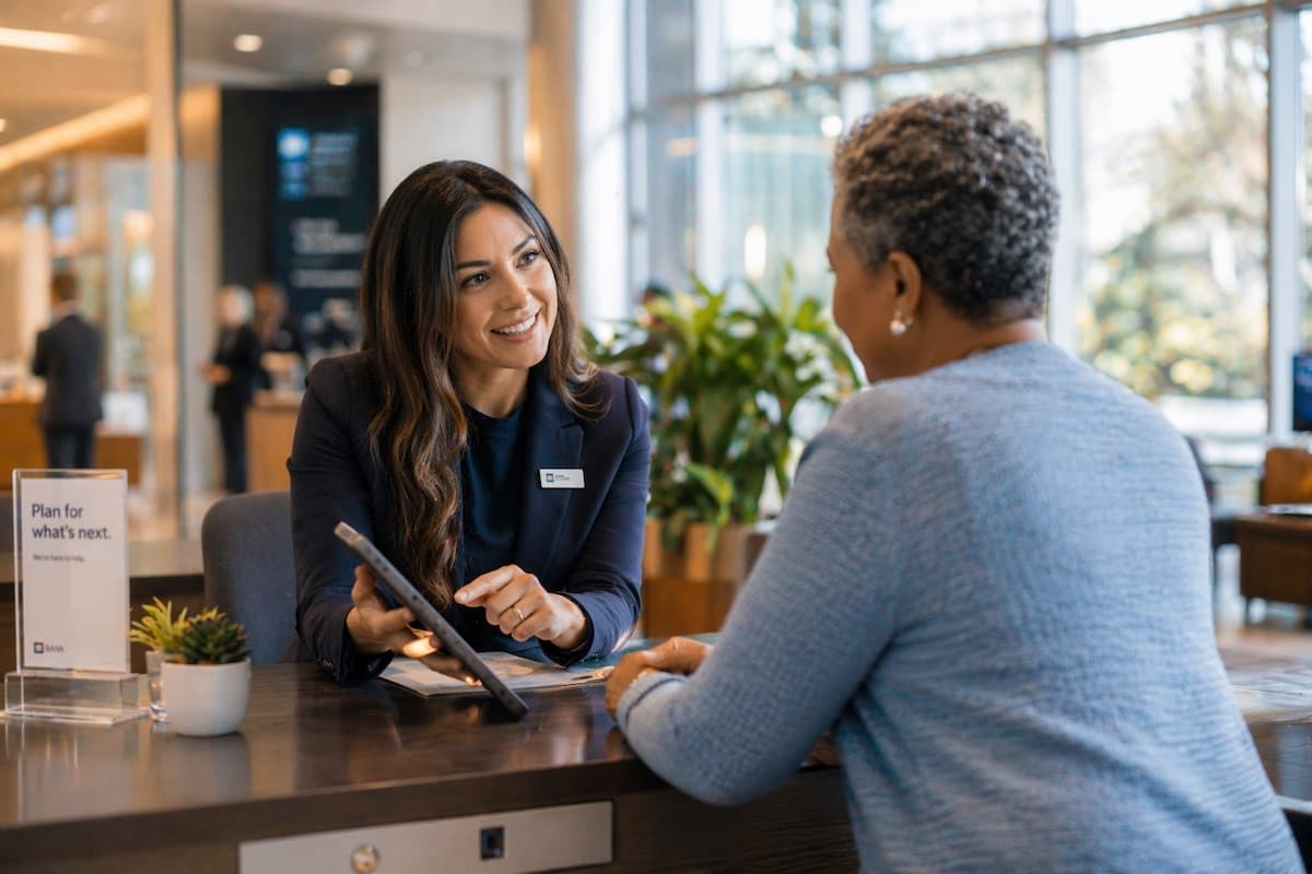 Financial advisor meeting with clients in a modern bank office
