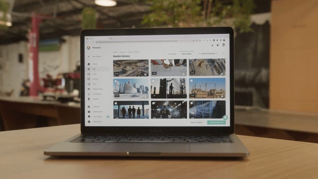 Shootsta video management platform open on a laptop showing the media library with video projects