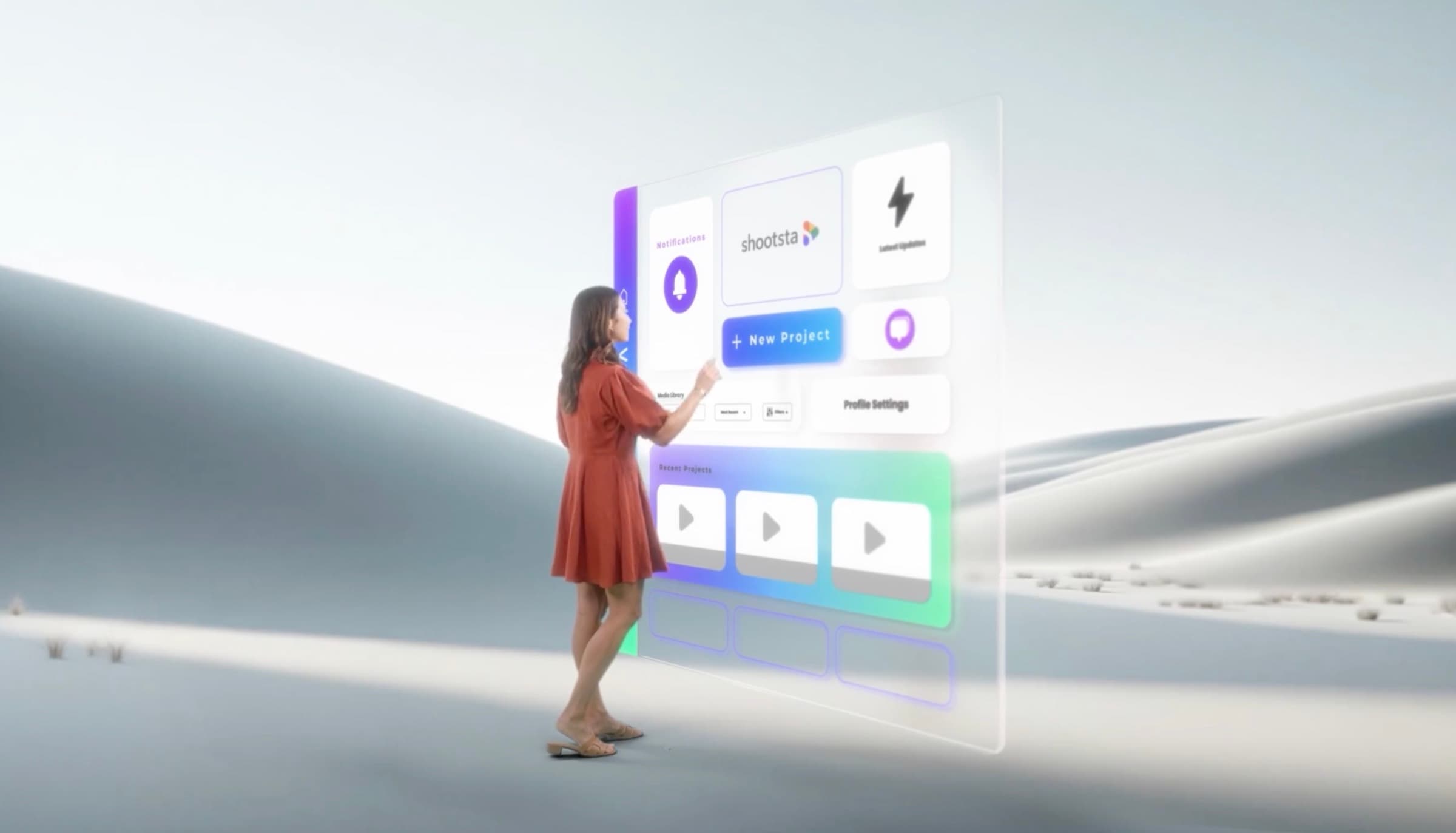 Shootsta Premier brand video production: hero film of a presenter in front of a Shootsta platform dashboard